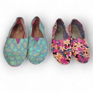 Toms Womens Shoes (2)‎ Sz 10 Pink Aqua Floral Canvas Slipon Casual Beach